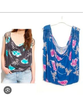 Free People Cobalt Blue Pink Floral Slouch Cowl Neck Top M/L Strappy Oversized